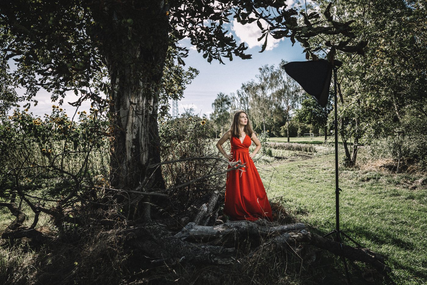Nicole Tschaikin im roten Kleid am Baum, Aufnahme mit sichtbarem Licht-Setup. Foto: Jan E. Siebert